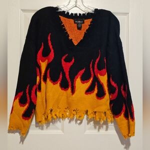 Runway 7 Black and Red Distressed Flame Sweater Sz L